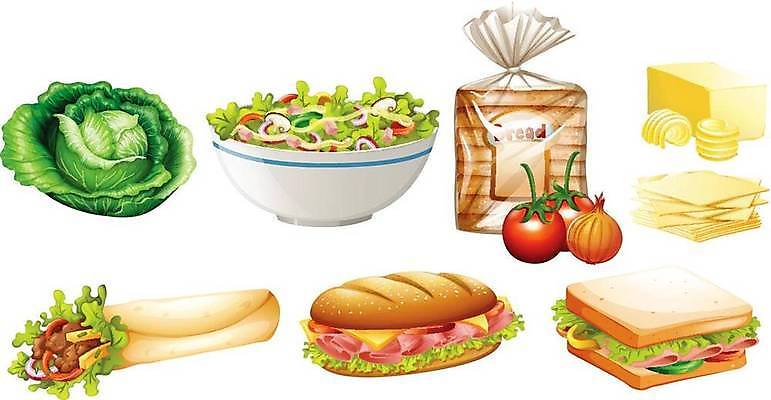 EPS 해외이미지 그릇 토마토 일러스트 양파 치즈 샌드위치 사람없음 샐러드 식빵 양배추 버터 브리또 해외일러스트 식기 음식 빵 채소 유제품 파일형식 벡터 이미지허브