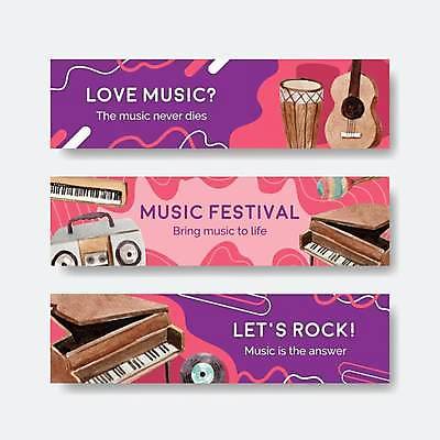 EPS 해외이미지 템플릿 배너 가로배너 음악 분홍색 곡선 일러스트 사람없음 보라색 기타 라디오 음악축제 젬베 배너세트 해외일러스트 선 악기 컬러 현악기 문화예술 가로 전자제품 세트 축제 파일형식 벡터 이미지허브