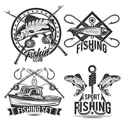 EPS 해외이미지 여러마리 일러스트 낚시 어류 사람없음 세트 라벨 어선 낚싯바늘 낚싯대 해외일러스트 다수 배_교통 레저 프레임 수중동물 낚시용품 파일형식 벡터 이미지허브