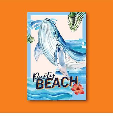 EPS 해외이미지 한마리 포스터 하늘색 일러스트 사람없음 고래 야자수잎 하와이무궁화 해외일러스트 1 꽃 잎 포유류 파란색 수중동물 파일형식 벡터 이미지허브