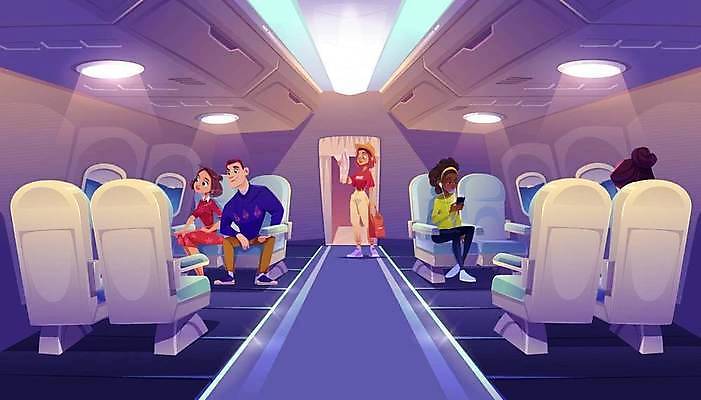 EPS 해외이미지 전신 응시 여자 남자 여행 의자 일러스트 창문 휴가 비행기 서기 앉기 여러명 성인 여행객 승객 비행기내부 성인만 해외일러스트 시선 가구 다수 항공교통 모션 대중교통 사람 내부 파일형식 벡터 이미지허브