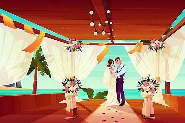 EPS 해외이미지 커플 여자 남자 꽃 행복 바다 결혼 일러스트 신혼부부 포옹 결혼식 사랑 성인 해변 마주보기 신랑신부 조명장식 성인만 해외일러스트 식물 부부 감정 신부_웨딩 신랑 관계 안기 모션 조명 사람 이벤트 장식 신혼 파일형식 벡터 이미지허브