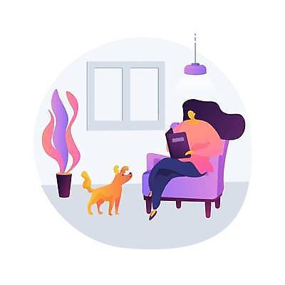 EPS 해외이미지 전신 한마리 라이프스타일 여자 화분 반려견 일러스트 한명 앉기 성인 책 소파 독서 다리꼬기 강아지 얼굴없음 성인여자한명만 해외일러스트 1 의자 모션 사람 생활 반려동물 개 여자한명만 성인여자만 파일형식 벡터 이미지허브