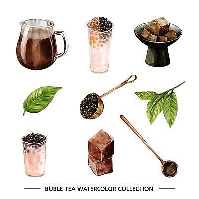 EPS 해외이미지 접시 잎 일러스트 나뭇잎 사람없음 초콜릿 숟가락 설탕 국자 손그림 엘리먼트 버블티 흑당 흑당시럽 해외일러스트 식물 식기 음료 주방용품 디저트 수저 시럽 파일형식 벡터 이미지허브