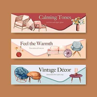 EPS 해외이미지 템플릿 배너 가로배너 꽃 분홍색 가구 하늘색 쿠션 의자 일러스트 사람없음 인테리어 소파 꽃병 스탠드 안락의자 원형탁자 배너세트 해외일러스트 식물 디자인 컬러 생활용품 탁자 조명 가로 파란색 세트 파일형식 벡터 이미지허브
