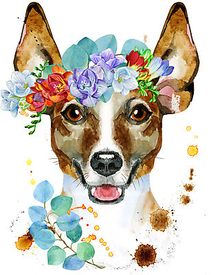 JPG 해외이미지 디자인 꽃 백그라운드 일러스트 미술 사람없음 화관 개 강아지 테리어 해외일러스트 식물 포유류 문화예술 반려동물 파일형식 이미지허브