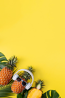포토 JPG 해외이미지 단면 실내 사람없음 선글라스 헤드폰 파인애플 열대과일 노란배경 몬스테라 열대잎 카피스페이스 제철과일 해외포토 식물 안경 음향기기 백그라운드 잎 과일 내부 노란색 공백 제철 파일형식 이미지허브