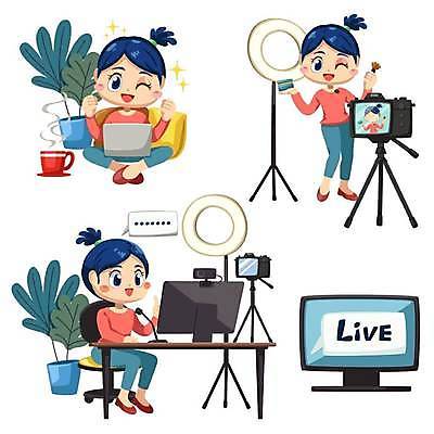 EPS 해외이미지 전신 화분 의자 일러스트 윙크 서기 들기 앉기 성인 세명 노트북 화장 카메라 모니터 화장품 머그컵 마이크 삼각대 라이브 조명장치 캠 성인여자만 크리에이터 뷰티크리에이터 1인미디어 유튜버 영상촬영 해외일러스트 직업 음향기기 가구 모션 표정 사람 컵 전자제품 컴퓨터 뷰티 촬영 장비 방송 여자만 성인만 파일형식 벡터 이미지허브