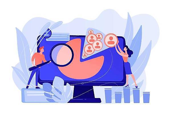 EPS 해외이미지 전신 여자 남자 일러스트 비즈니스 돋보기 그래프 사람모양 들기 성인 두명 성인만 해외일러스트 모양 모션 사람 파일형식 벡터 이미지허브