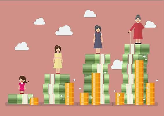 EPS 해외이미지 전신 노년 어린이 분홍색 중년 지폐 일러스트 지팡이 서기 여러명 성인 금융 경제 쌓기 동전 저축 성장 재산 계획 돈다발 동전탑 여자만 해외일러스트 컬러 다수 컨셉 돈 모션 사람 파일형식 벡터 이미지허브