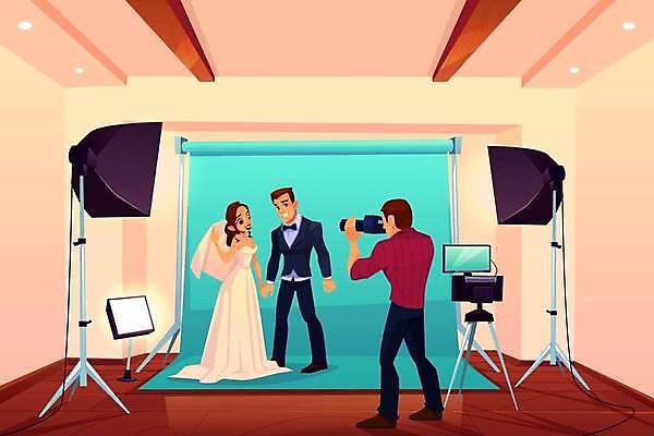 EPS 해외이미지 커플 여자 남자 웨딩드레스 결혼 백그라운드 일러스트 결혼식 서기 들기 정장 턱시도 성인 카메라 손잡기 사진촬영 축하 사진사 카메라맨 신랑신부 조명기기 성인만 웨딩촬영 해외일러스트 드레스 옷 신부_웨딩 신랑 컨셉 관계 모션 사람 이벤트 전자제품 촬영 기계 작가 기념사진 파일형식 벡터 이미지허브