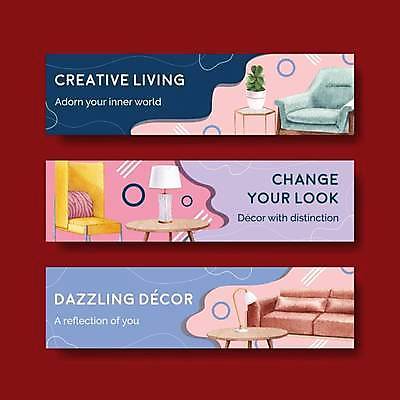 EPS 해외이미지 템플릿 배너 가로배너 분홍색 곡선 일러스트 탁자 사람없음 파란색 인테리어 소파 보라색 스탠드 원형탁자 배너세트 해외일러스트 디자인 선 컬러 가구 의자 조명 가로 세트 파일형식 벡터 이미지허브