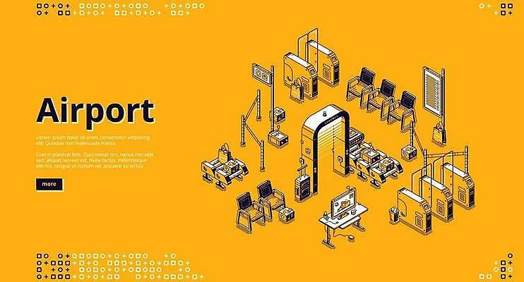 EPS 해외이미지 의자 일러스트 타이포그라피 사람없음 컴퓨터 노란색 공항 아이소메트릭 개찰구 금속탐지기 검색대 해외일러스트 문자 컬러 가구 교통시설 전자제품 파일형식 벡터 이미지허브