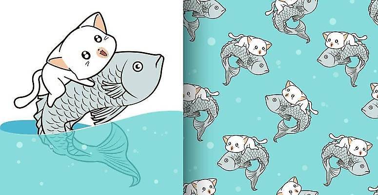 EPS 해외이미지 바다 동물캐릭터 하늘색 패턴 여러마리 일러스트 어류 사람없음 귀여움 고양이 패턴백그라운드 잡기 승차 해외일러스트 일러캐릭터 동물 캐릭터 다수 백그라운드 컨셉 무늬 포유류 모션 파란색 반려동물 수중동물 파일형식 벡터 이미지허브
