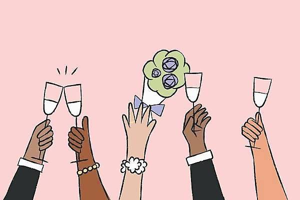 EPS 해외이미지 디자인 커플 분홍색 부케 결혼 일러스트 결혼식 기념 들기 신체부위 파티 축하 잡기 샴페인 샴페인잔 손그림 팔 들러리 카피스페이스 해외일러스트 컬러 꽃다발 컨셉 술잔 관계 모션 주류 사람 이벤트 공백 하객 파일형식 벡터 이미지허브