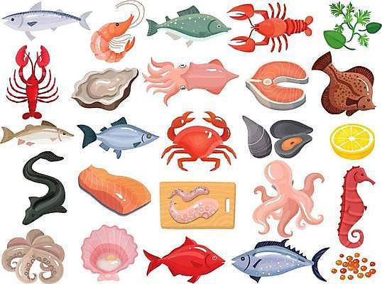 EPS 해외이미지 음식 여러마리 일러스트 식재료 조개 새우 어류 사람없음 게 굴 가재 참치 장어 레몬 해산물 홍합 문어 연어 해마 가자미 나무도마 해외일러스트 다수 과일 어패류 연체동물 도마 갑각류 목재 바다동물 수중동물 파일형식 벡터 이미지허브