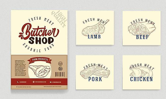 EPS 해외이미지 포스터 리본 일러스트 돼지고기 사람없음 세트 노란색 닭고기 소고기 라인아트 양고기 정육점 해외일러스트 선 컬러 육류 상점 파일형식 벡터 이미지허브