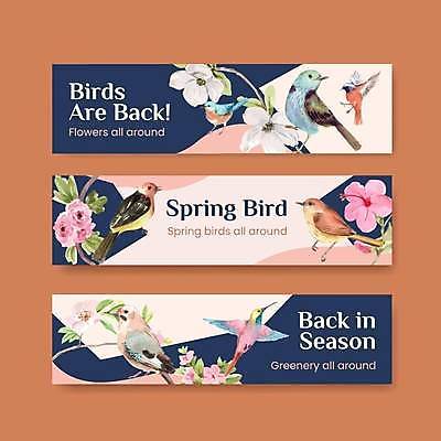 EPS 해외이미지 템플릿 배너 가로배너 꽃 분홍색 잎 여러마리 일러스트 조류 사람없음 봄 나뭇가지 남색 감성 배너세트 해외일러스트 나무 식물 동물 계절 컬러 다수 컨셉 가로 세트 파일형식 벡터 이미지허브
