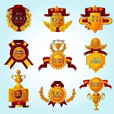 EPS 해외이미지 별 리본 일러스트 사람없음 빨간색 세트 라벨 금색 트로피 배지 시상식 월계수 해외일러스트 자연요소 컬러 프레임 상_우승 파일형식 벡터 이미지허브