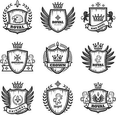 EPS 해외이미지 리본 일러스트 왕관 사람없음 세트 라벨 사자 심볼 독수리 로얄 방패모양 해외일러스트 모양 포유류 조류 프레임 방패 파일형식 벡터 이미지허브