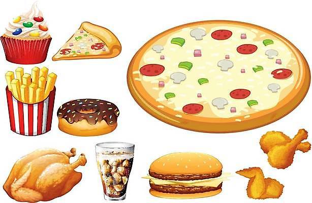 EPS 해외이미지 일러스트 잔 피자 패스트푸드 요리 사람없음 치킨 감자튀김 햄버거 도넛 컵케이크 콜라 해외일러스트 식기 디저트 감자 서양음식 케이크 튀김 인스턴트 탄산음료 닭고기요리 파일형식 벡터 이미지허브