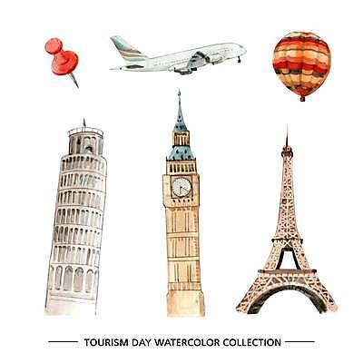EPS 해외이미지 디자인 일러스트 수채화 비행기 미술 사람없음 열기구 압정 에펠탑 피사의사탑 빅벤 랜드마크 엘리먼트 해외일러스트 항공교통 문화예술 대중교통 사무용품 이탈리아 세계문화유산 시계탑 런던 파리 파일형식 벡터 이미지허브