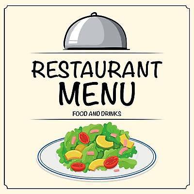 EPS 해외이미지 접시 일러스트 타이포그라피 사람없음 노란색 레스토랑 샐러드 메뉴 쟁반덮개 해외일러스트 문자 식기 음식 컬러 식당 덮개 파일형식 벡터 이미지허브