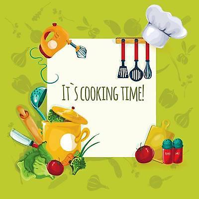 EPS 해외이미지 음식 채소 일러스트 주방용품 도마 요리사모자 요리 타이포그라피 사람없음 연두색 냄비 거품기 뒤집개 주걱 밀대 식칼 해외일러스트 문자 모자_잡화 생활용품 초록색 요리사 솥 파일형식 벡터 이미지허브