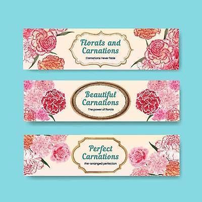 EPS 해외이미지 템플릿 배너 가로배너 분홍색 잎 일러스트 사람없음 노란색 카네이션 감사 배너세트 어머니의날 해외일러스트 식물 기념일 꽃 감정 컬러 가로 세트 미국문화 파일형식 벡터 이미지허브