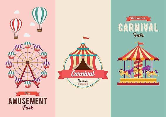 EPS 해외이미지 리본 분홍색 일러스트 타이포그라피 사람없음 세트 놀이공원 열기구 서커스 대관람차 회전목마 민트색 베이지색 해외일러스트 문자 컬러 항공교통 테마파크 놀이기구 파일형식 벡터 이미지허브
