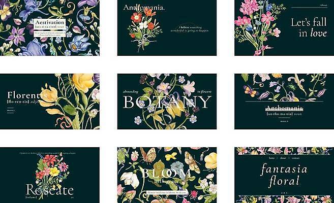 EPS 해외이미지 꽃 꽃다발 잎 일러스트 명함 타이포그라피 사람없음 세트 꽃봉오리 보테니컬아트 가로명함 해외일러스트 식물 문자 파일형식 벡터 이미지허브