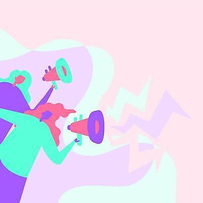 EPS 해외이미지 여자 곡선 일러스트 들기 상반신 성인 두명 확성기 외침 알림 번개모양 성인여자만 카피스페이스 해외일러스트 모양 선 모션 사람 소리 공백 번개 여자만 성인만 파일형식 벡터 이미지허브