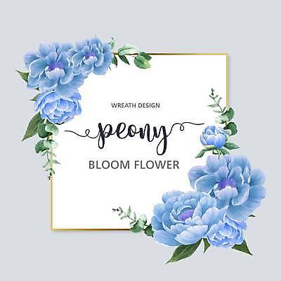 EPS 해외이미지 하늘색 잎 일러스트 사각프레임 사람없음 분위기 정사각형 손그림 감성 꽃프레임 모란 해외일러스트 도형 식물 꽃 컨셉 프레임 파란색 사각형 파일형식 벡터 이미지허브