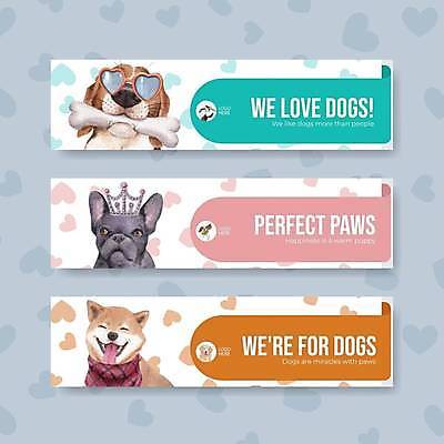 EPS 해외이미지 템플릿 배너 가로배너 반려견 분홍색 일러스트 왕관 세마리 사람없음 반려동물 선글라스 귀여움 주황색 목도리 하트 강아지 개뼈다귀 민트색 배너세트 해외일러스트 모양 동물 잡화 안경 컬러 컨셉 3 가로 세트 개 애견간식 파일형식 벡터 이미지허브