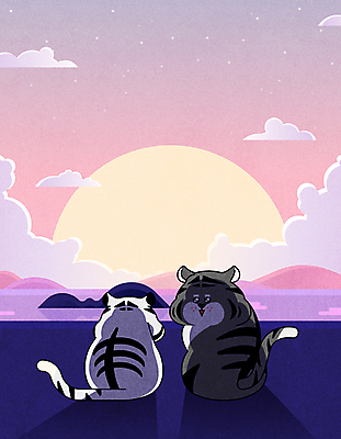 구름 바다 섬 두마리 일러스트 하늘 새해 그림자 사람없음 태양 귀여움 일출 뒤돌아보기 호랑이띠 호랑이캐릭터 백호 2022년 임인년 흑호 국내일러스트 AI파일 자연요소 동물캐릭터 컨셉 2 모션 노을 십이지신 호랑이 연도 파일형식 벡터 사방신