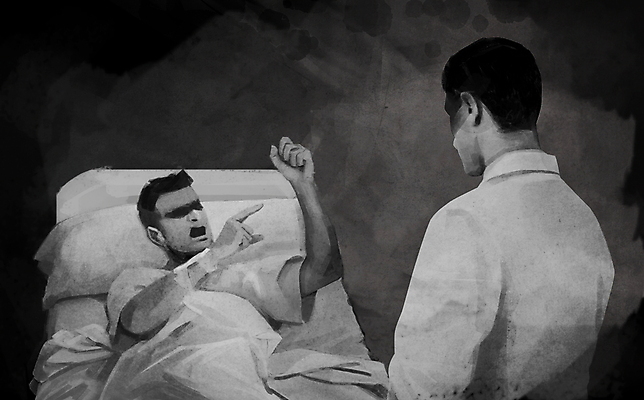 PSD 남자 일러스트 병원 상반신 성인 두명 눕기 검은색 주먹 환자 의사 분노 꾸지람 사회이슈 병원침대 삿대질 성인남자만 블랙컨슈머 갑질 무례 국내일러스트 감정 컬러 컨셉 의학 모션 사람 손짓 의료진 침대 체벌 고객 남자만 성인만 파일형식