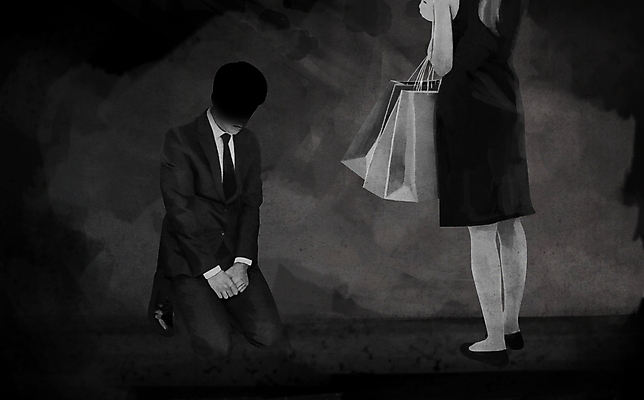 전신 PSD 여자 남자 일러스트 서기 들기 정장 상반신 성인 두명 쇼핑백 검은색 무릎꿇기 꾸지람 종업원 사회이슈 직원 백화점 VIP 성인만 블랙컨슈머 갑질 무례 국내일러스트 직업 옷 컬러 컨셉 가방 모션 사람 상점 체벌 고객 파일형식