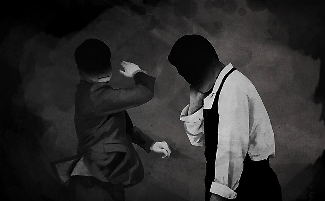 PSD 남자 일러스트 정장 상반신 성인 두명 식당 검은색 앞치마 분노 폭력 종업원 사회이슈 직원 때리기 성인남자만 블랙컨슈머 갑질 무례 국내일러스트 직업 옷 감정 컬러 컨셉 모션 사람 상점 고객 남자만 성인만 파일형식