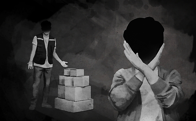 전신 PSD 여자 남자 중년 일러스트 서기 상반신 성인 두명 쌓기 검은색 택배기사 X 거절 사회이슈 택배상자 곤란 주민 출입금지 블랙컨슈머 갑질 무례 국내일러스트 알파벳 컬러 컨셉 모션 사람 상자 금지 배달원 고객 택배 파일형식