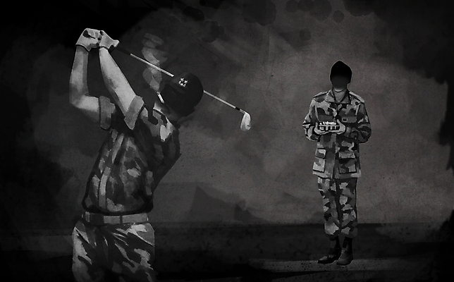 전신 PSD 남자 골프 일러스트 군대 흡연 담배 서기 들기 상반신 성인 두명 검은색 군인 골프채 스윙 상사 사회이슈 군복 부하 재떨이 담배연기 간부 성인남자만 갑질 무례 국내일러스트 직업 컬러 포즈 컨셉 유니폼 비즈니스 모션 골프용품 사람 구기 연기 국군 남자만 성인만 파일형식