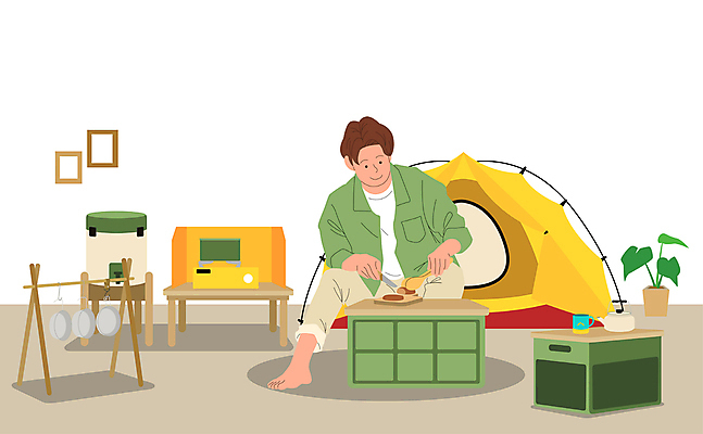 전신 남자 화분 일러스트 탁자 주전자 집안 집게 텐트 캠핑도구 한명 미소 들기 앉기 성인 컵 캠핑 버너 식칼 코펠 성인남자한명만 캠핑박스 홈캠핑 국내일러스트 AI파일 1 식기 가구 모션 주방용품 레저 실내 표정 사람 도구 남자한명만 성인남자만 파일형식 벡터