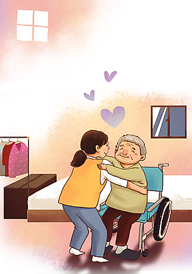 전신 PSD 여자 노년 할머니 이동 일러스트 창문 안기 집안 서기 앉기 두명 하트 침대 봉사 도움 자원봉사자 옷걸이 간호 사회복지 휠체어 노인복지 요양보호사 고령화 독거노인 여자만 국내일러스트 모양 직업 가구 컨셉 모션 실내 사람 성인 사회이슈 복지 파일형식