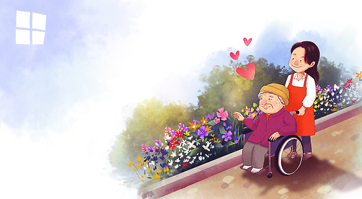 전신 PSD 응시 공원 여자 노년 할머니 꽃밭 일러스트 서기 미소 앉기 성인 두명 산책 하트 봉사 자원봉사자 간호 사회복지 휠체어 노인복지 화단 요양원 요양보호사 고령화 독거노인 여자만 국내일러스트 모양 직업 시선 공공시설 꽃 모션 휴식 표정 사람 도움 사회이슈 복지 파일형식