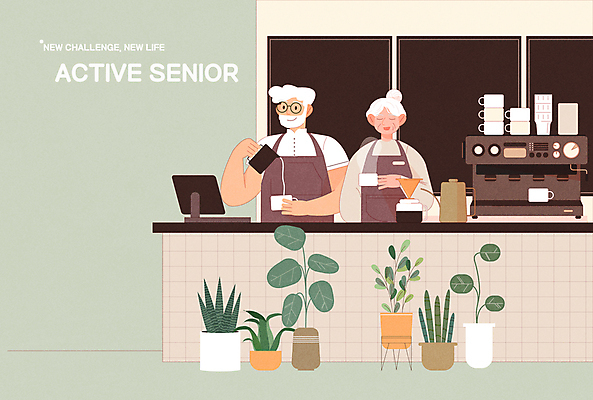 여자 할아버지 노년 남자 화분 할머니 일러스트 들기 상반신 타이포그라피 두명 연두색 실버라이프 눈감음 노부부 앞치마 카페 붓기 커피잔 커피포트 커피메이커 계산대 바리스타 실버취업 에스프레소머신 재취업 핸드드립 노인만 안경낌 차분 국내일러스트 AI파일 직업 문자 라이프스타일 부부 안경 커피 컨셉 모션 주전자 잔 사람 성인 초록색 상점 구직 커피용품 성인만 파일형식 벡터