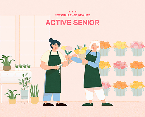 전신 여자 노년 꽃 화분 할머니 분홍색 꽃다발 일러스트 창문 서기 들기 성인 타이포그라피 두명 실버라이프 앞치마 꽃집 주기 서랍장 실버취업 재취업 플로리스트 여자만 국내일러스트 AI파일 식물 직업 문자 라이프스타일 컬러 가구 모션 사람 상점 구직 파일형식 벡터