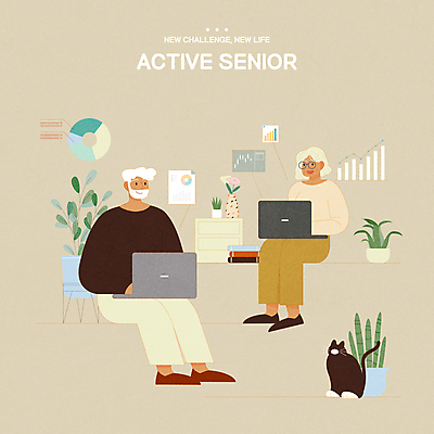 전신 한마리 여자 할아버지 노년 남자 화분 할머니 일러스트 그래프 앉기 타이포그라피 두명 책 노트북 실버라이프 노후 갈색 꽃병 노부부 고양이 서랍장 문서 노후대책 자산관리 노후자금 주식투자 노인만 안경낌 반려묘 국내일러스트 AI파일 문자 1 라이프스타일 부부 꽃 안경 컬러 가구 포유류 모션 사람 성인 경제 전자제품 반려동물 주식 투자 성인만 파일형식 벡터