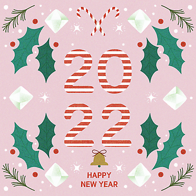 PSD 분홍색 잎 크리스마스 일러스트 새해 프레임 타이포그라피 사람없음 초록색 종 다이아몬드 해피뉴이어 지팡이사탕 호랑가시나무열매 2022년 임인년 국내일러스트 식물 문자 기념일 열매 컬러 사탕 새해인사 보석 연도 파일형식