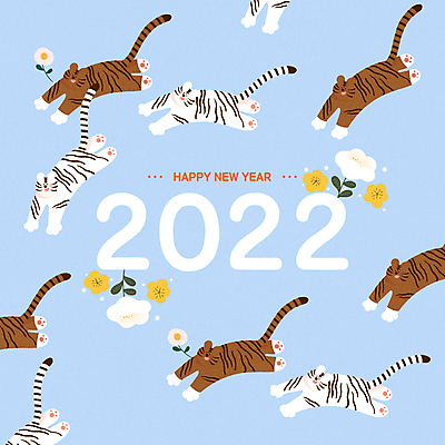 PSD 꽃 하늘색 패턴 여러마리 일러스트 새해 타이포그라피 사람없음 호랑이띠 호랑이 연하장 호랑이캐릭터 해피뉴이어 백호 2022년 임인년 국내일러스트 식물 문자 동물캐릭터 다수 무늬 포유류 카드_감사 파란색 새해인사 십이지신 연도 파일형식 사방신
