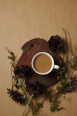 포토 JPG 스튜디오촬영 커피 티타임 실내 사람없음 목재 하이앵글 가을 분위기 커피잔 오브젝트 솔방울 감성 조화 나무받침 갈색배경 국내포토 나무 계절 음료 뷰포인트 백그라운드 컨셉 재료 휴식 잔 내부 갈색 받침대 파일형식