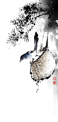 PSD 한마리 일러스트 캘리그라피 붓터치 새해 앉기 풍경 사람없음 설날 광주리 나뭇가지 소나무 동양화 번짐 까치 솔잎 낙관 국내일러스트 나무 1 명절 잎 모션 조류 미술 바구니 파일형식 효과